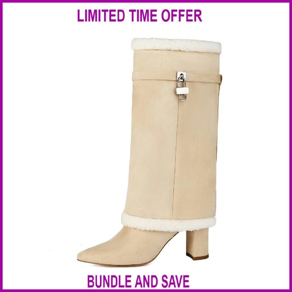 Shoes - Fold Over Boots with Padlock Mid Calf Pointed Toe Chunky Heel Fur Collar